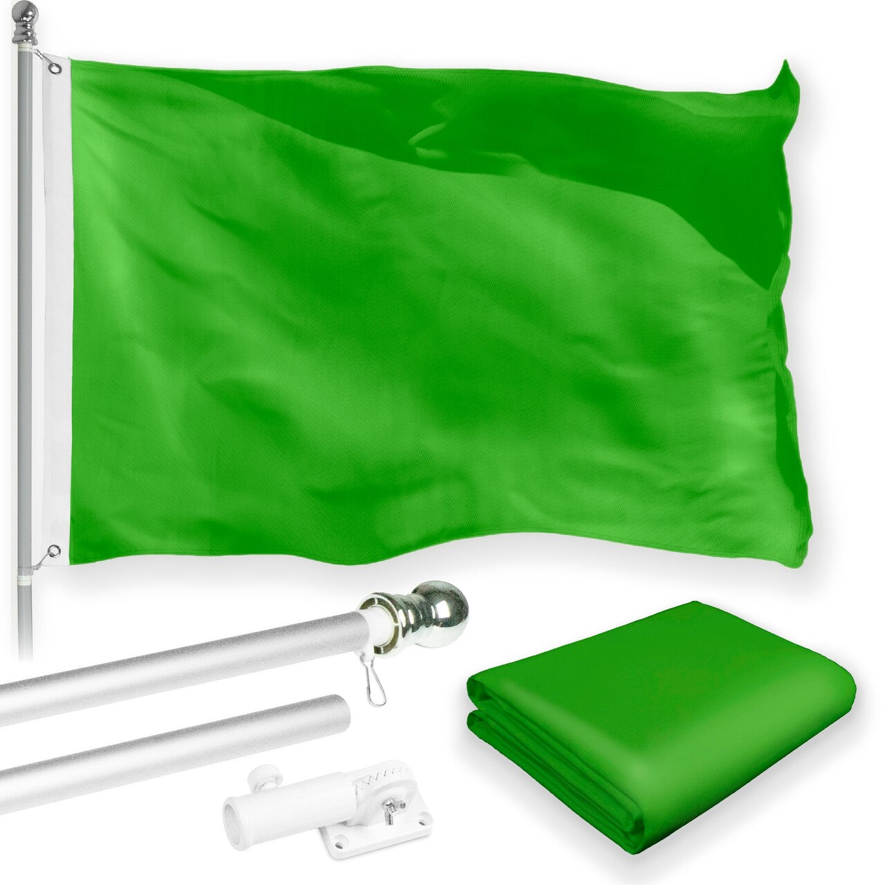 G128 Combo Pack: 5 Ft Tangle Free Aluminum Spinning Flagpole (Silver) & Solid Lime Green Color Flag 2x3 Ft, LiteWeave Pro Series Printed 150D Polyester | Pole with Flag Included